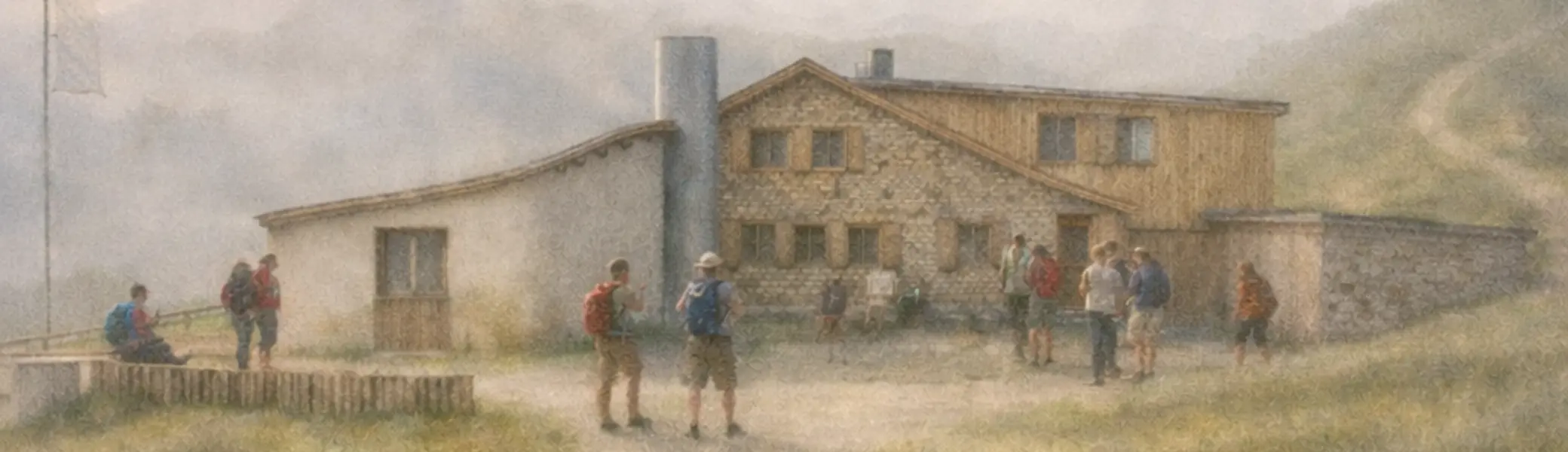 Illustration der geplanten neuen Hörnlehütte mit Wanderern und zwei Schmetterlingen im Vordergrund | © Raumstation | Architekten Starnberg