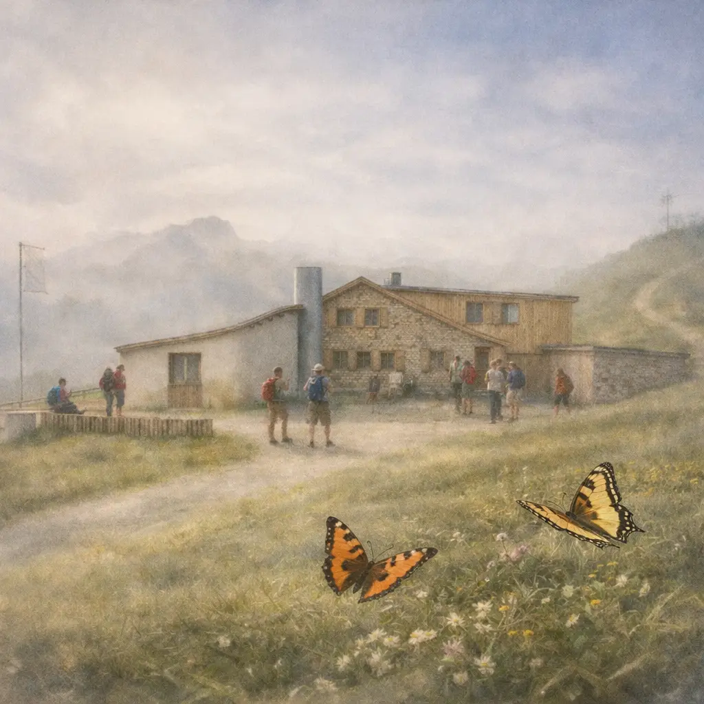Illustration der geplanten neuen Hörnlehütte mit Wanderern und zwei Schmetterlingen im Vordergrund | © Raumstation | Architekten Starnberg