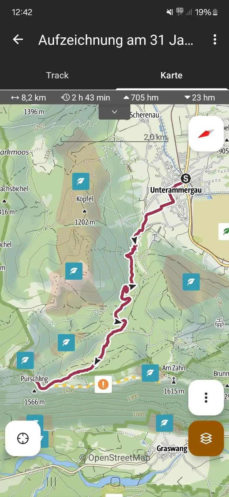 Tourenaufzeichnung Komoot - 8,2km 2h43 705hm hoch 23hm runter | © jDAV Starnberg