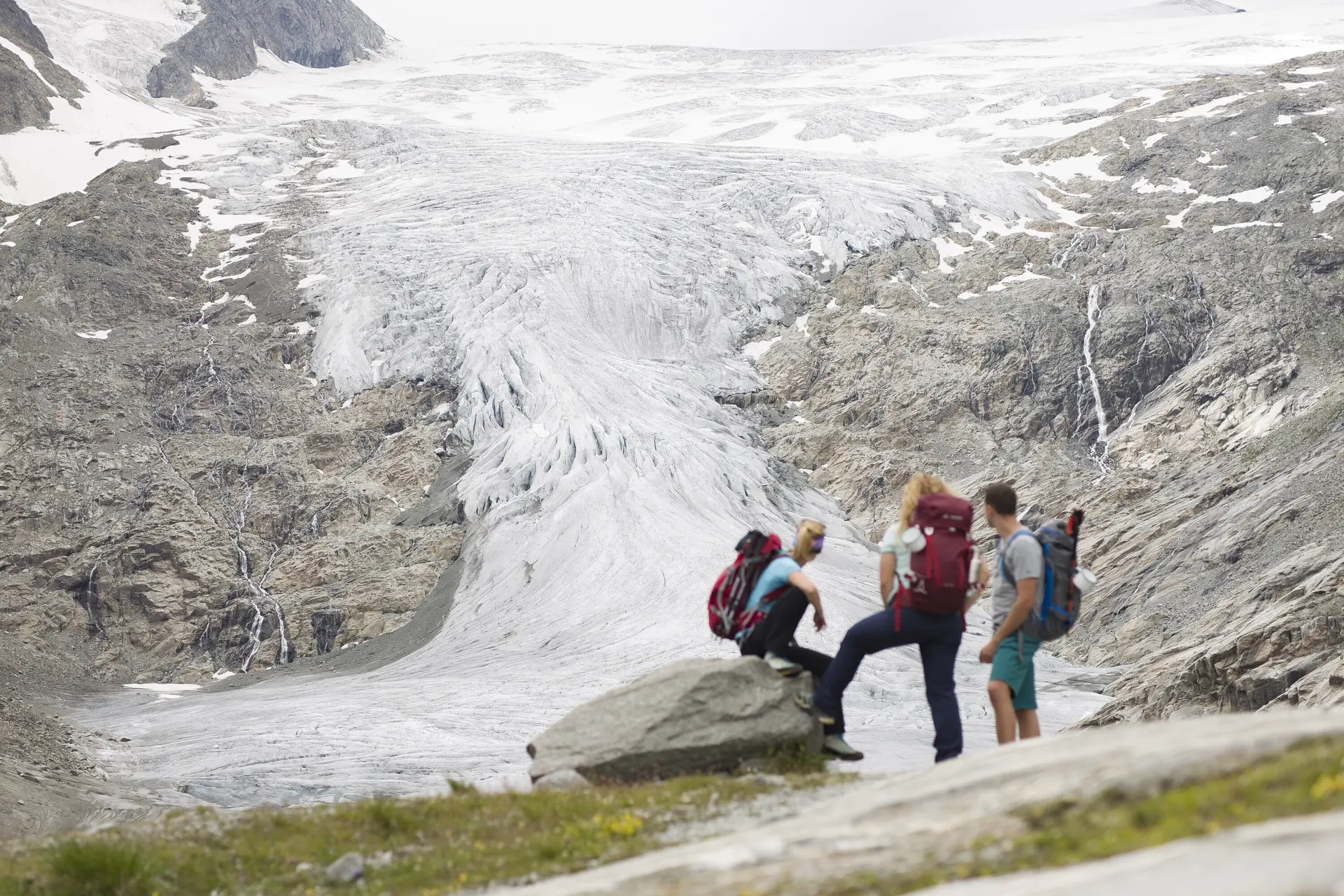 Drei Wandernde blicken nahe der Neuen Prager Hütte am Großvenediger auf den verschwindenden Gletscher. | © DAV / Jens Klatt