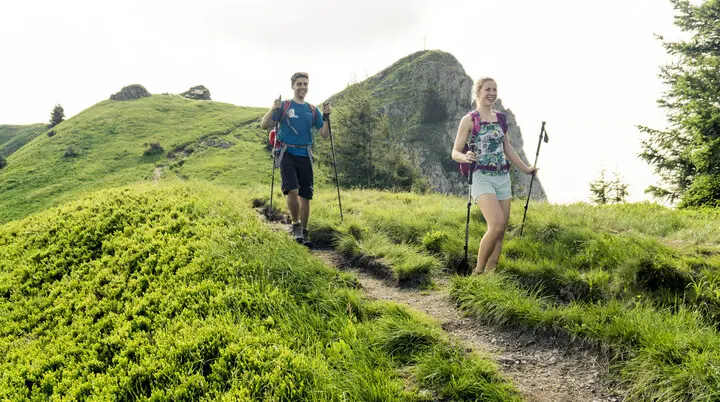Zwei Wanderer auf den grünen Berghängen der Chiemgauer Alpen | © DAV/Hans Herbig
